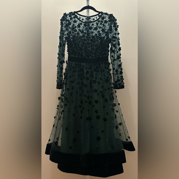 NWOT MAC DUGGAL Green Embellished Illusion High Neck Long Sleeve Fit & Flare 2 - Picture 6 of 10